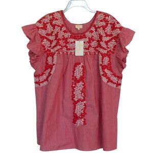 NWT Layerz Embroidered Floral Red Stripe Ruffle Sleeve Top 3X Plus New Gameday